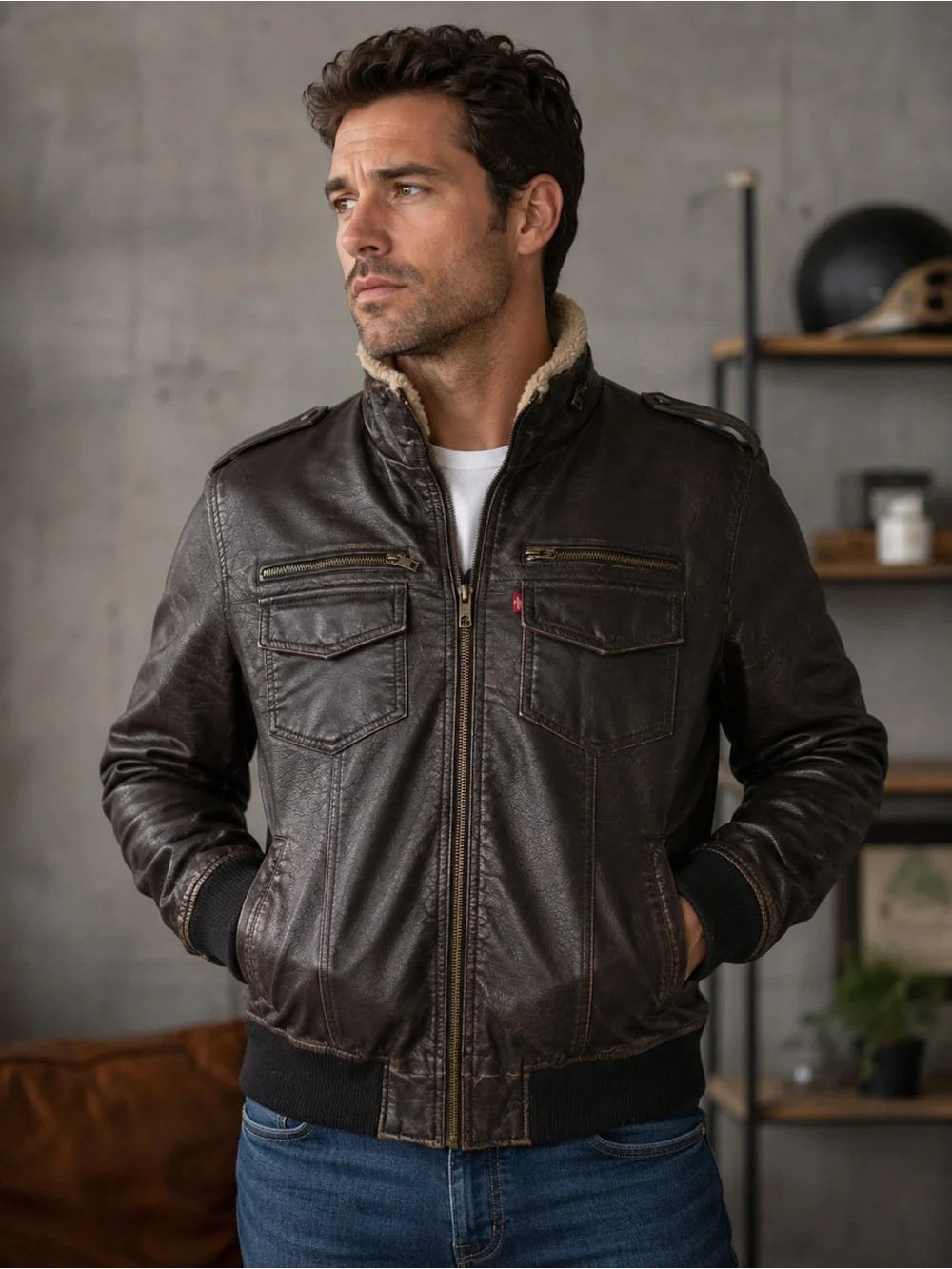 Levi’s Bomber Aviator Trucker Faux Leather Sherpa Jacket Mens S Brown Distressed